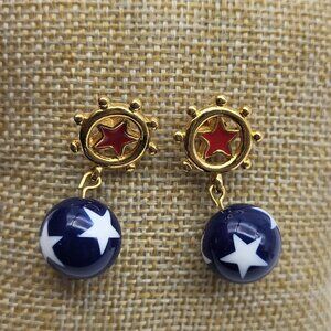 Fabulous VTG Patriotic Red White Blue Nautical Dangle Earrings Preppy Star